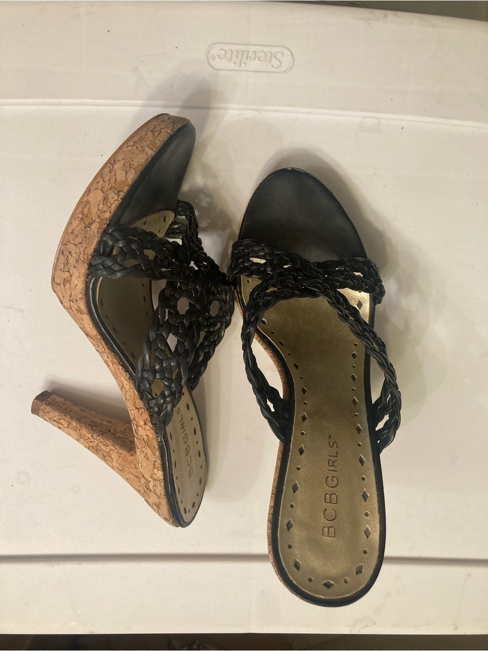 BCBGirls Black Braided Cork Wedge Sandals
